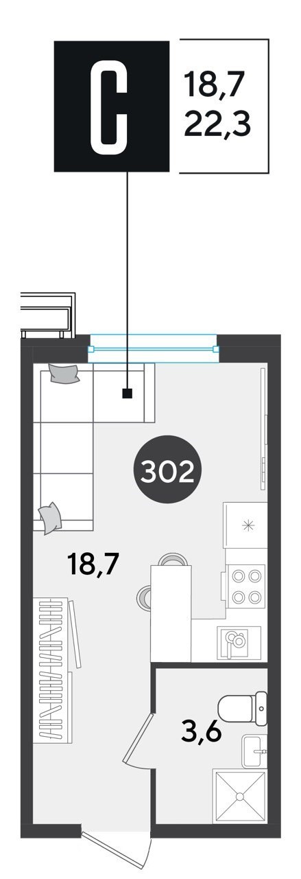 Планировка: Студия 22,3 м²