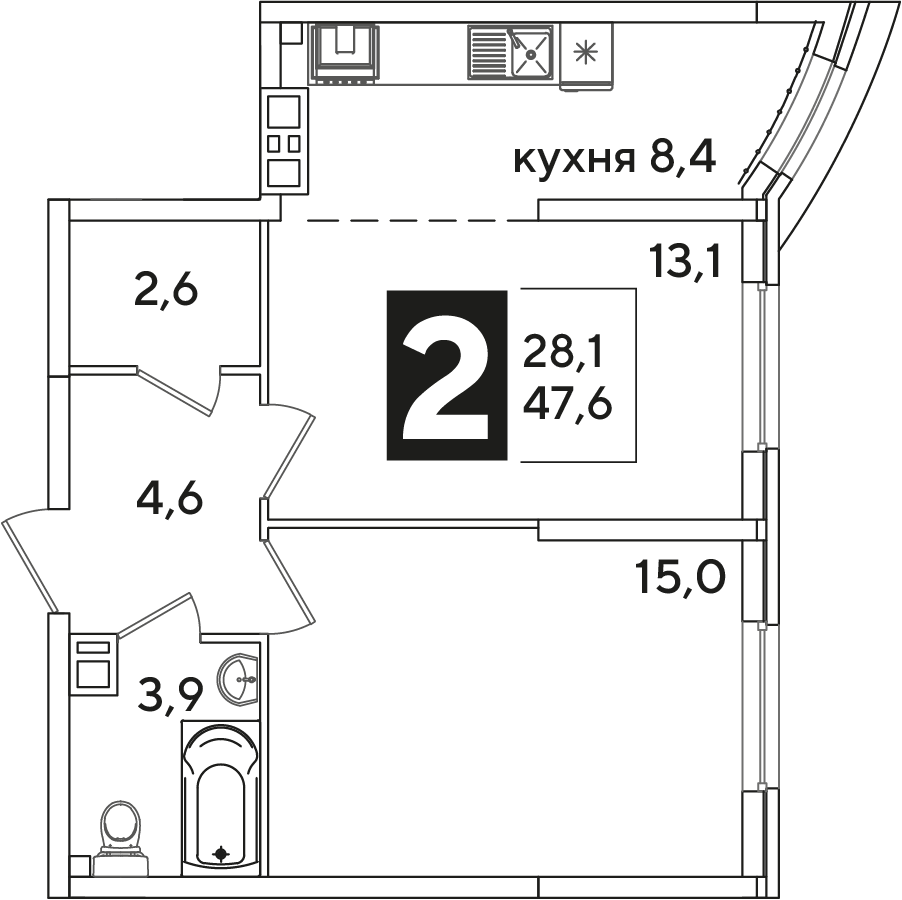 Планировка: 2-комн. квартира 47,6 м²