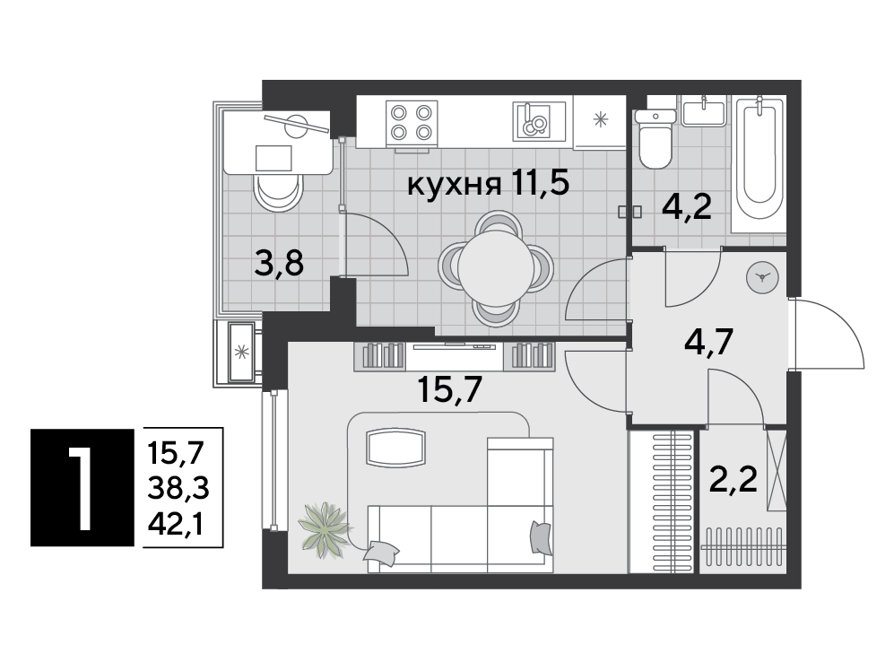 Планировка: 1-комн. квартира 42,1 м²