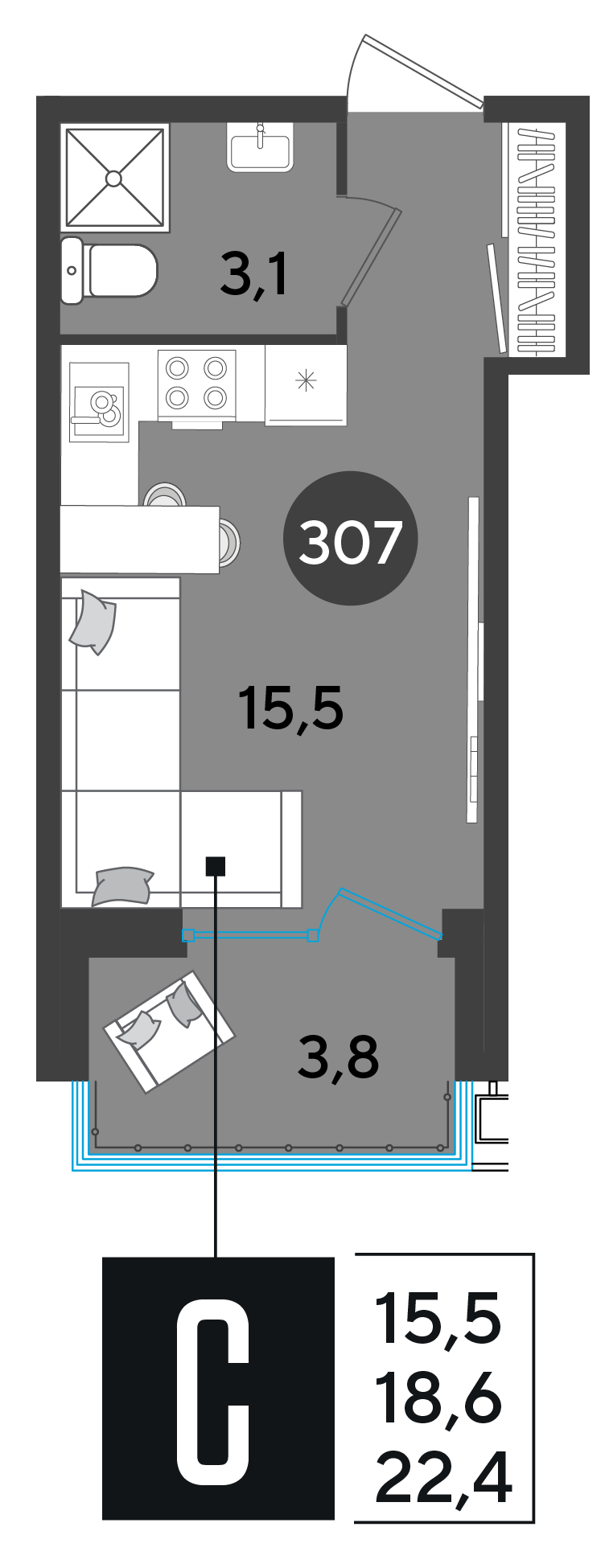 Планировка: Студия 22,4 м²