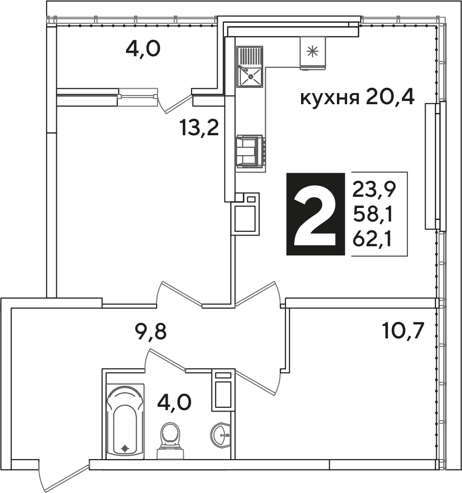 Планировка: 2-комн. квартира 62,1 м²