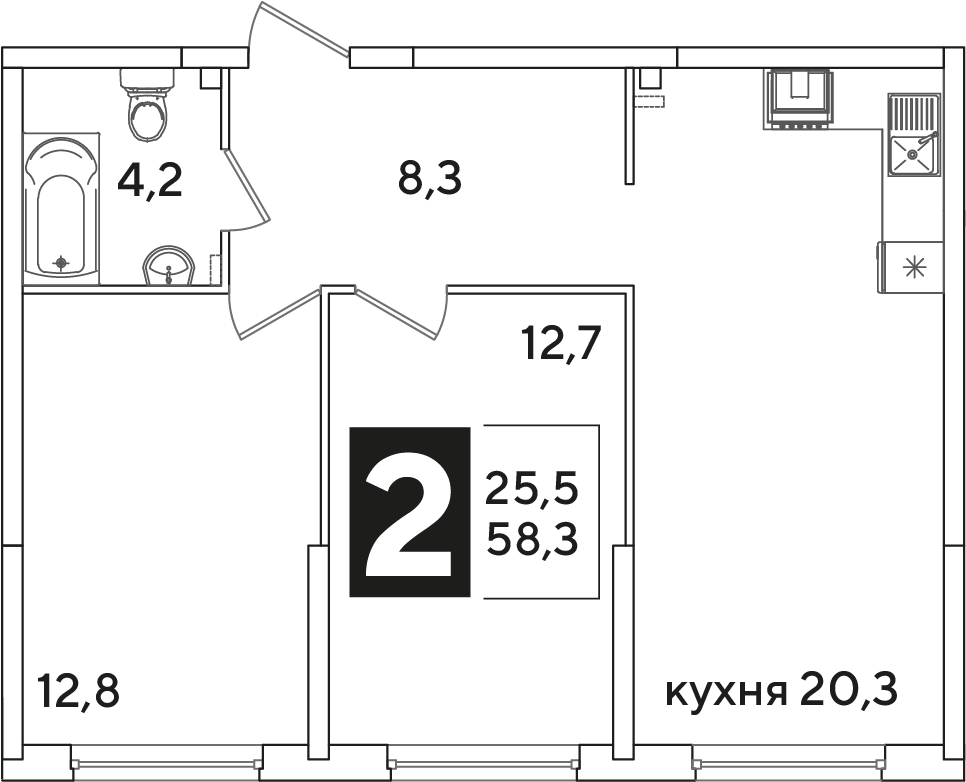 Планировка 2-комнатная 58,3 м²