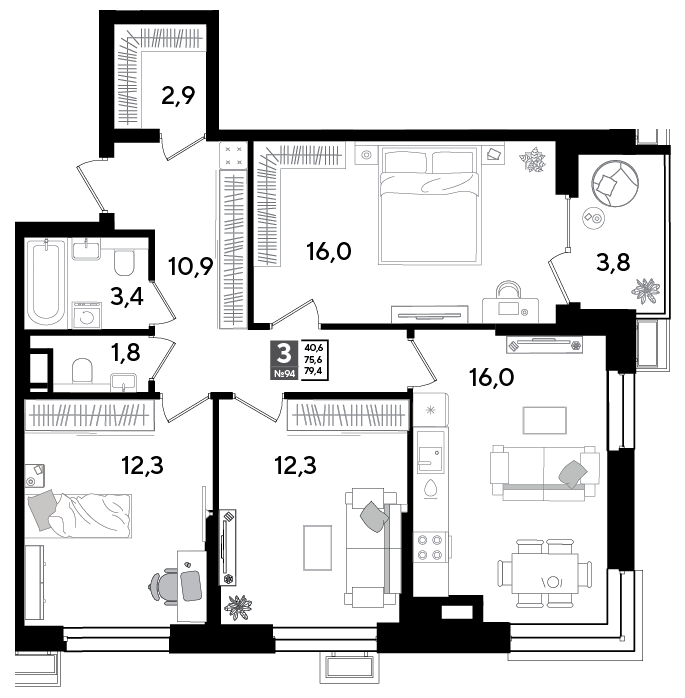 Планировка: 3-комн. квартира 79,4 м²