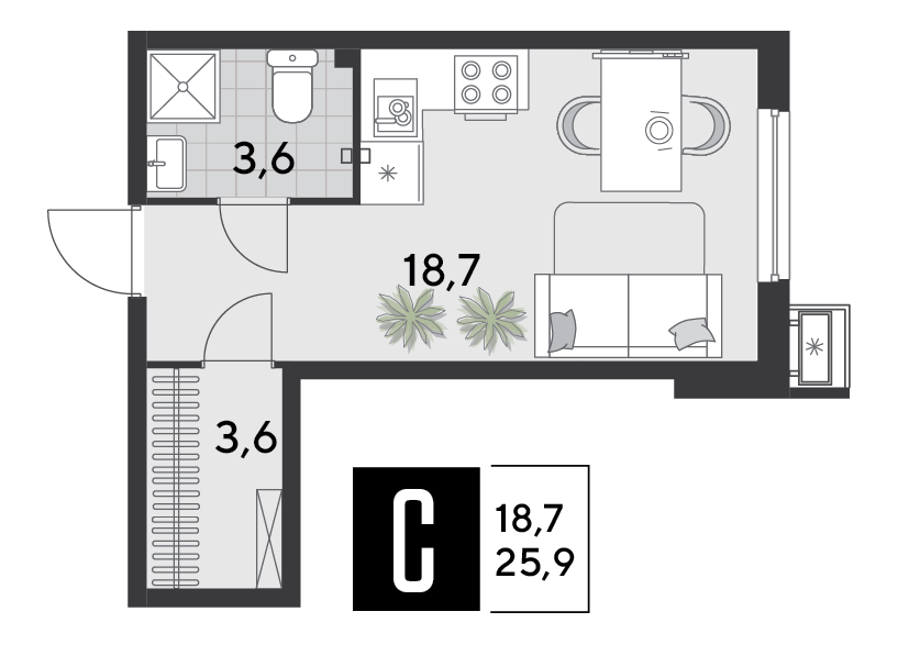Планировка: Студия 25,9 м²