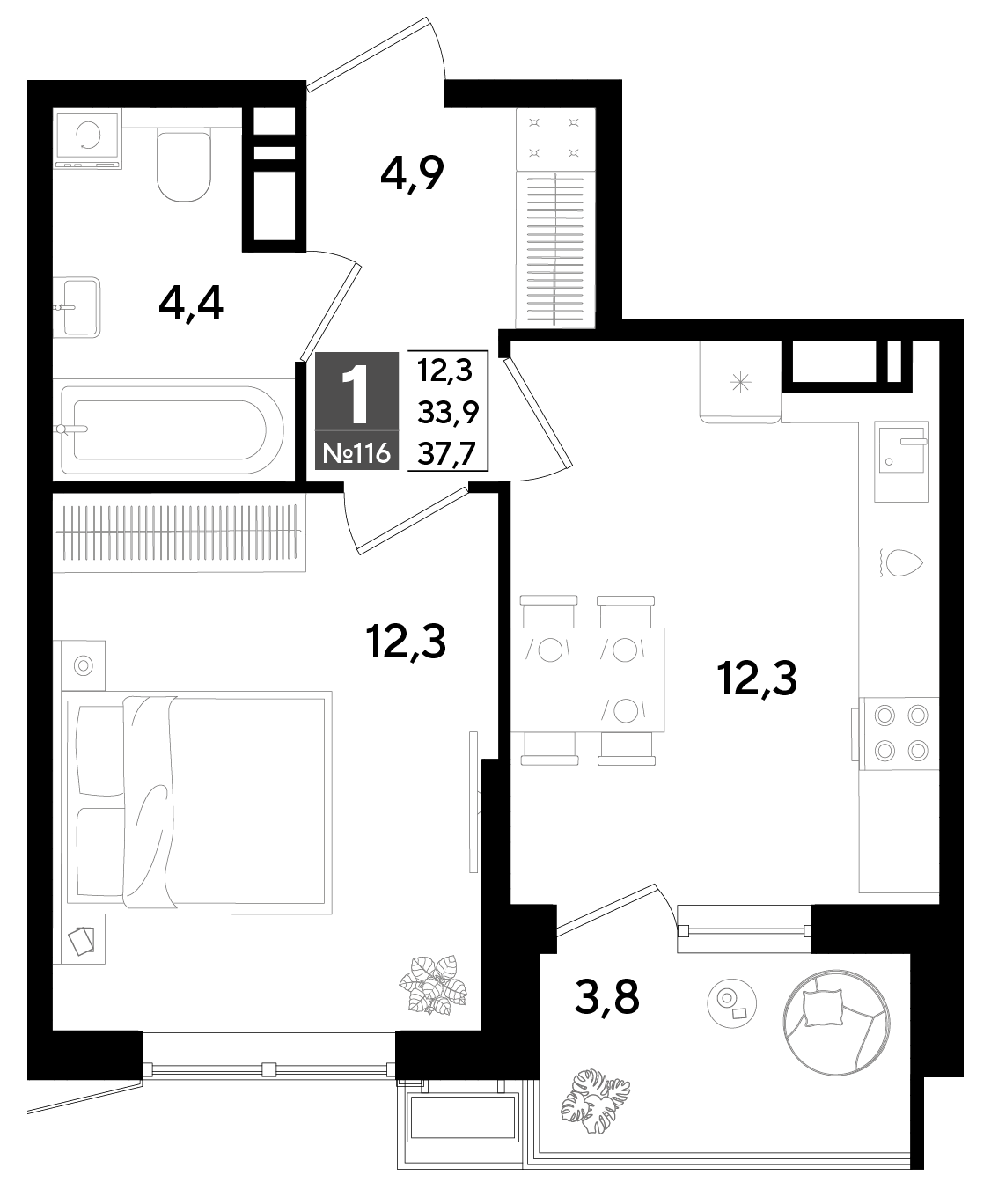 Планировка: 1-комн. квартира 38,1 м²
