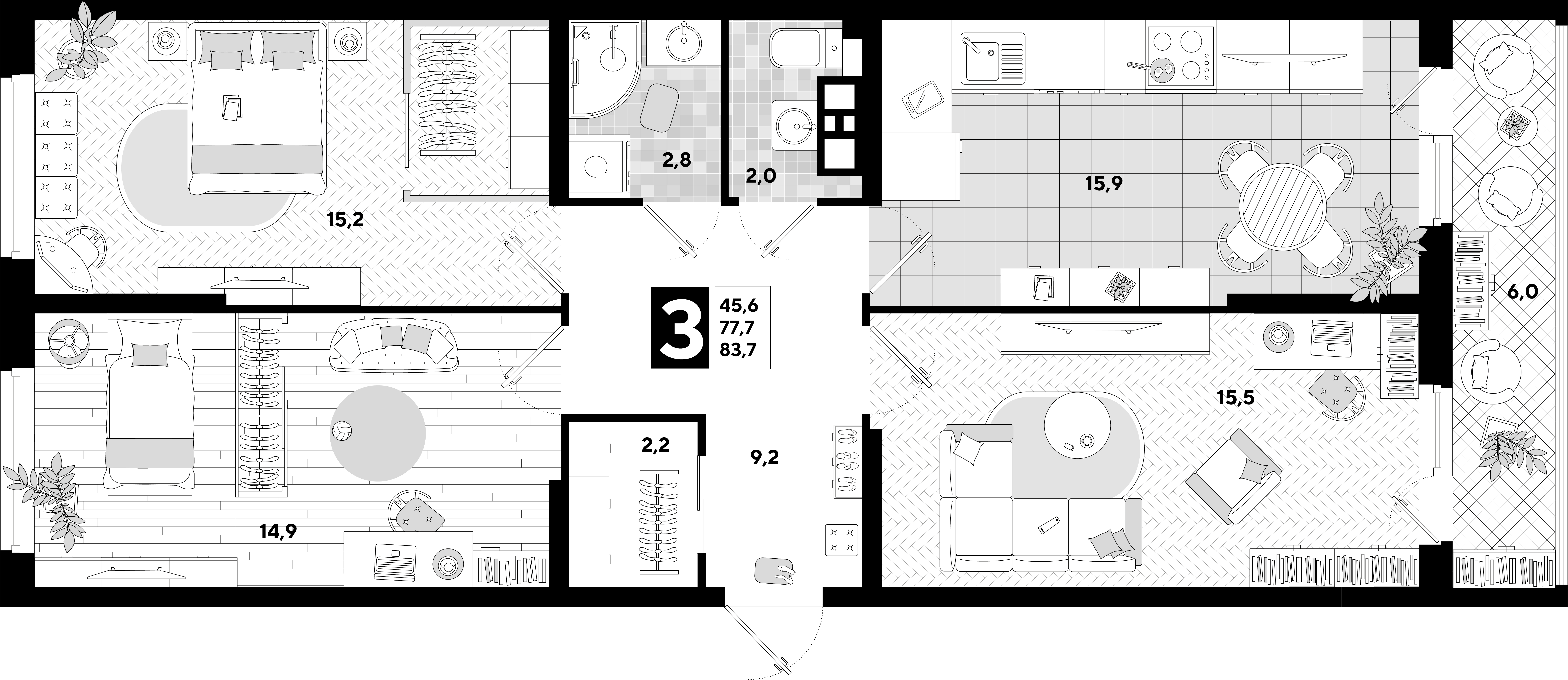 Планировка 3-комнатная 83,7 м²