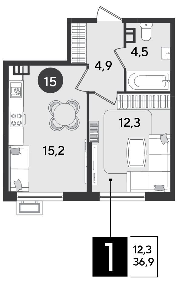 Планировка: 1-комн. квартира 36,9 м²