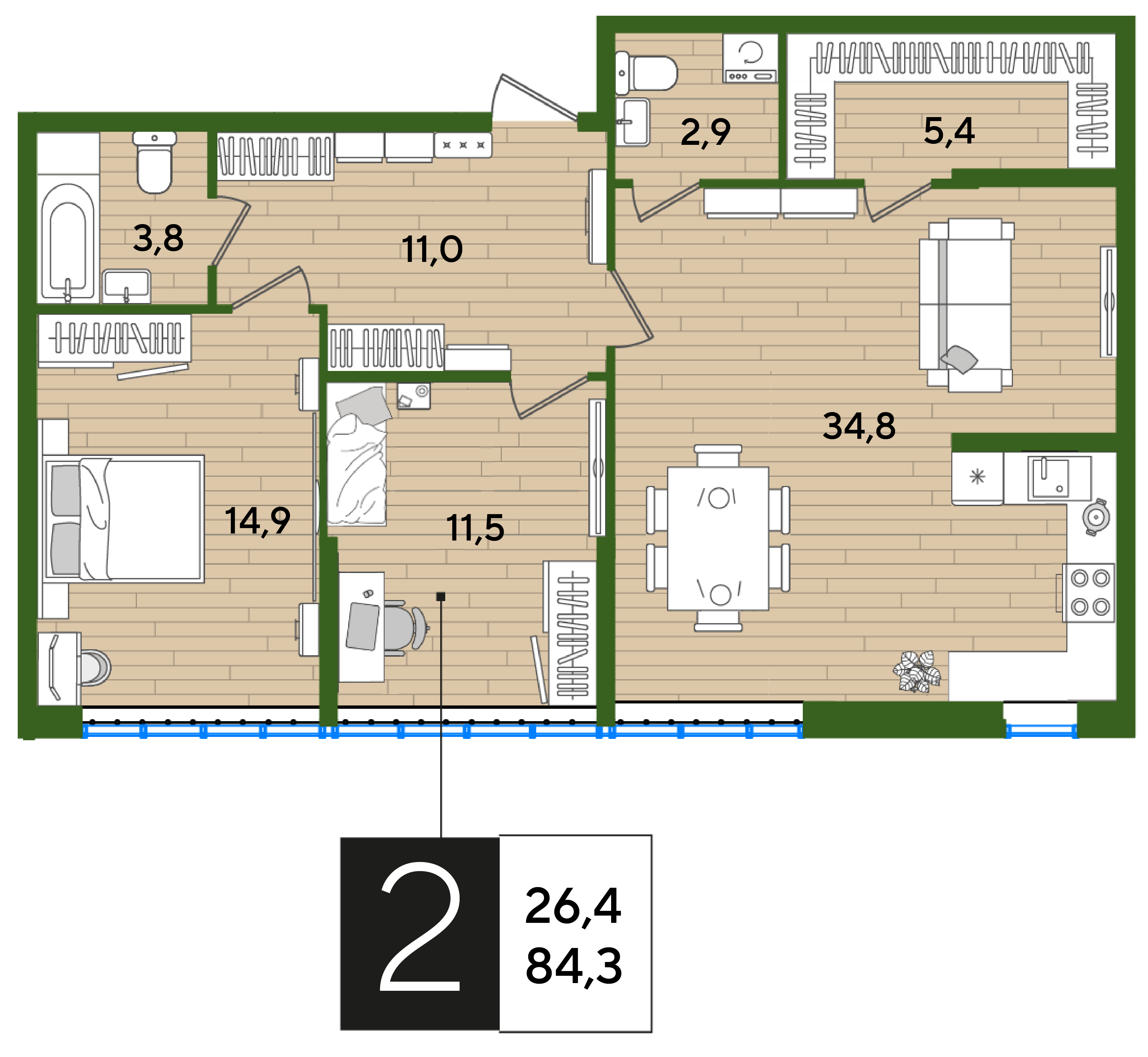 Планировка: 2-комн. квартира 84,3 м²