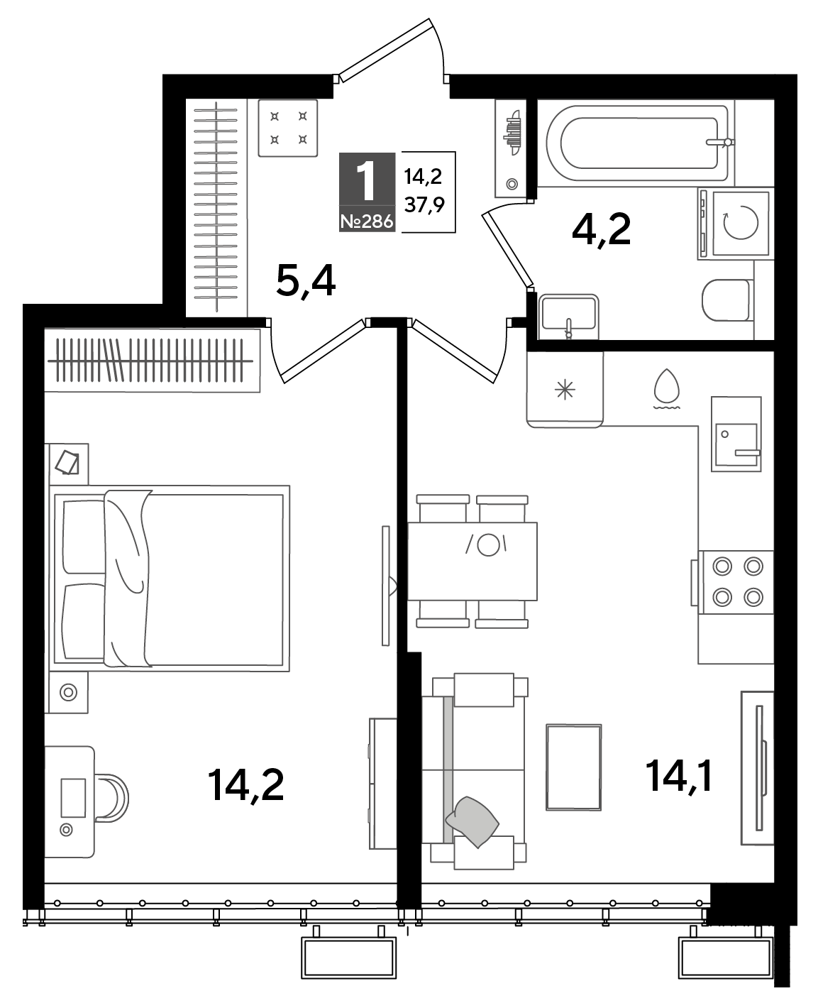 Планировка: 1-комн. квартира 37,9 м²