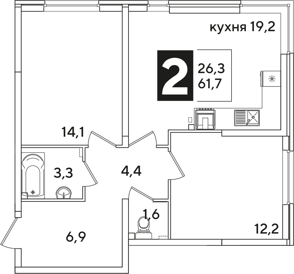 Планировка: 2-комн. квартира 61,7 м²