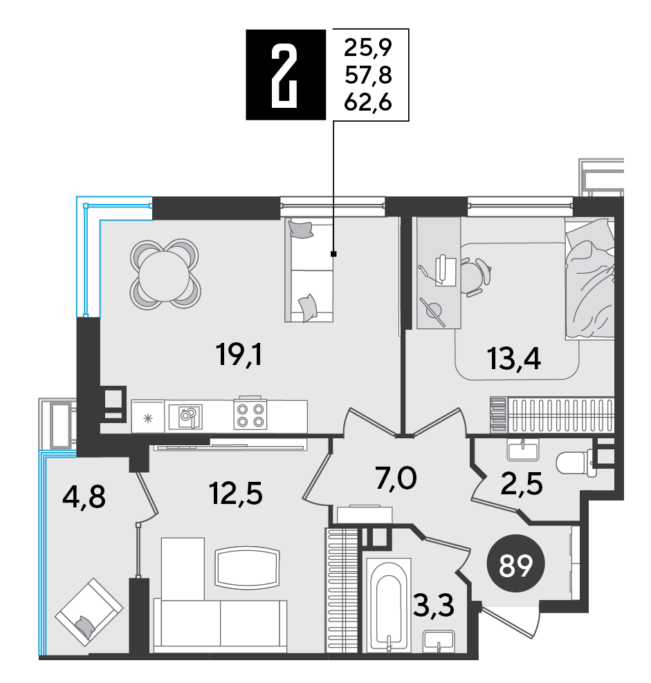 Планировка: 2-комн. квартира 62,6 м²