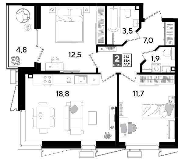 Планировка 2-комнатная 60,2 м²