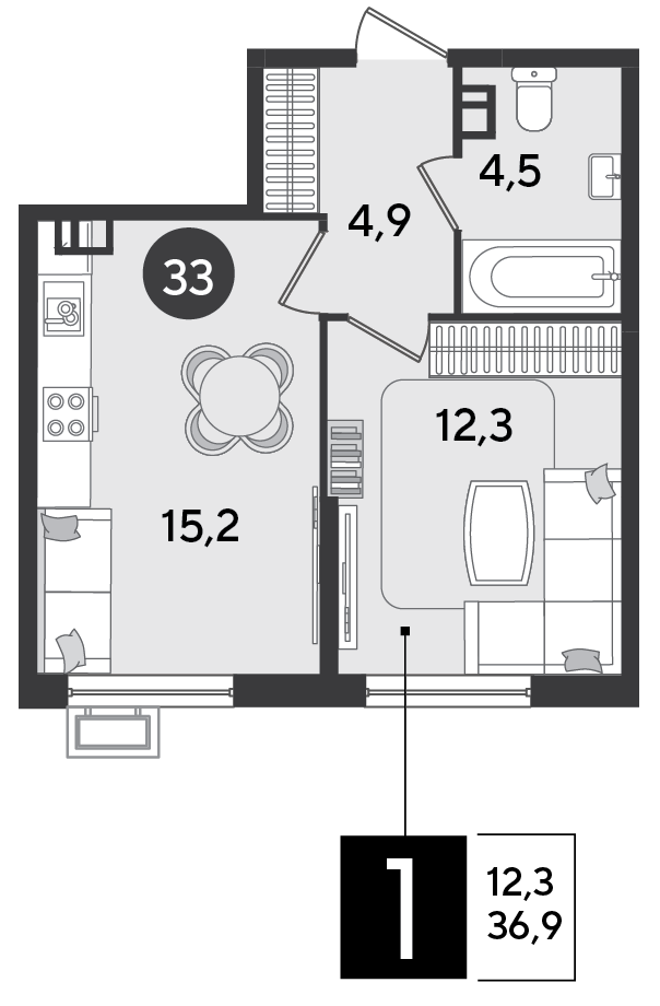Планировка: 1-комн. квартира 36,9 м²