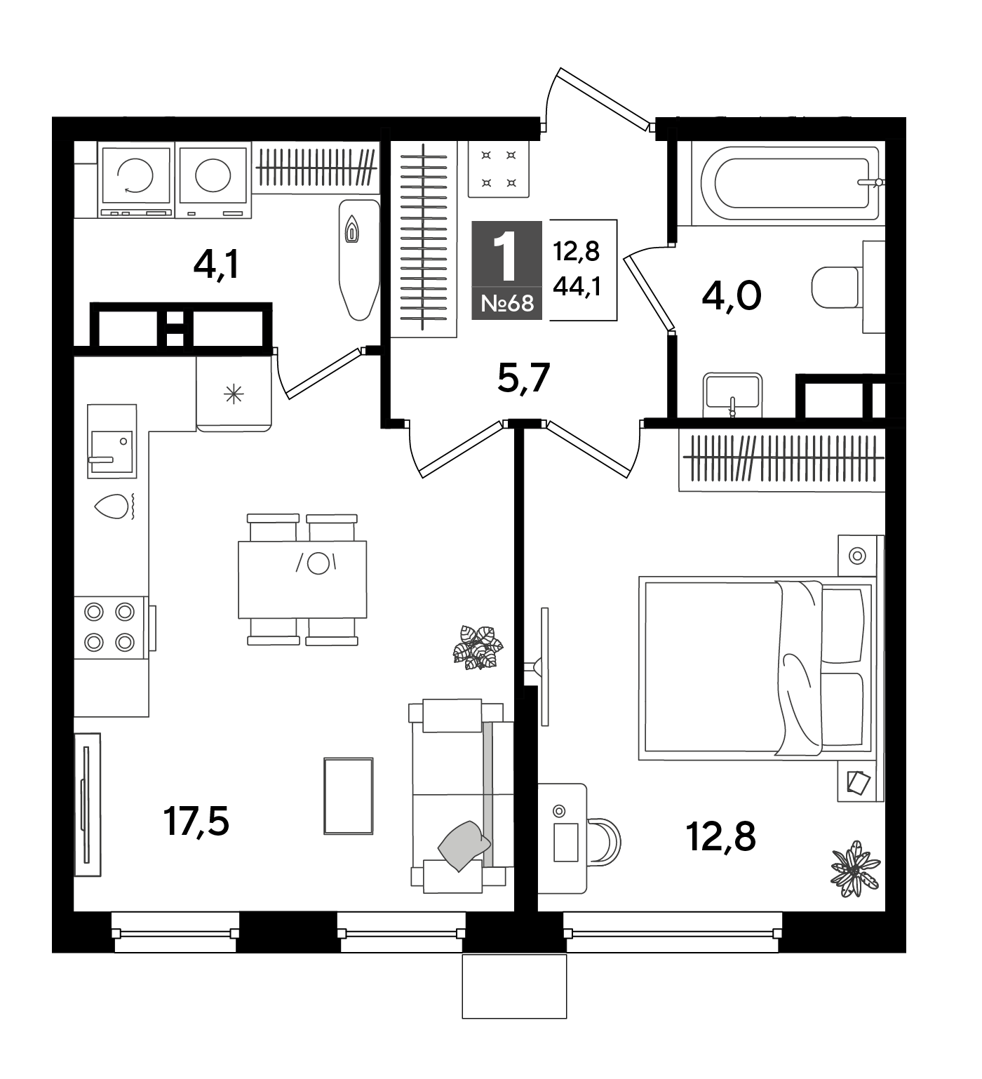 Планировка: 1-комн. квартира 44,1 м²