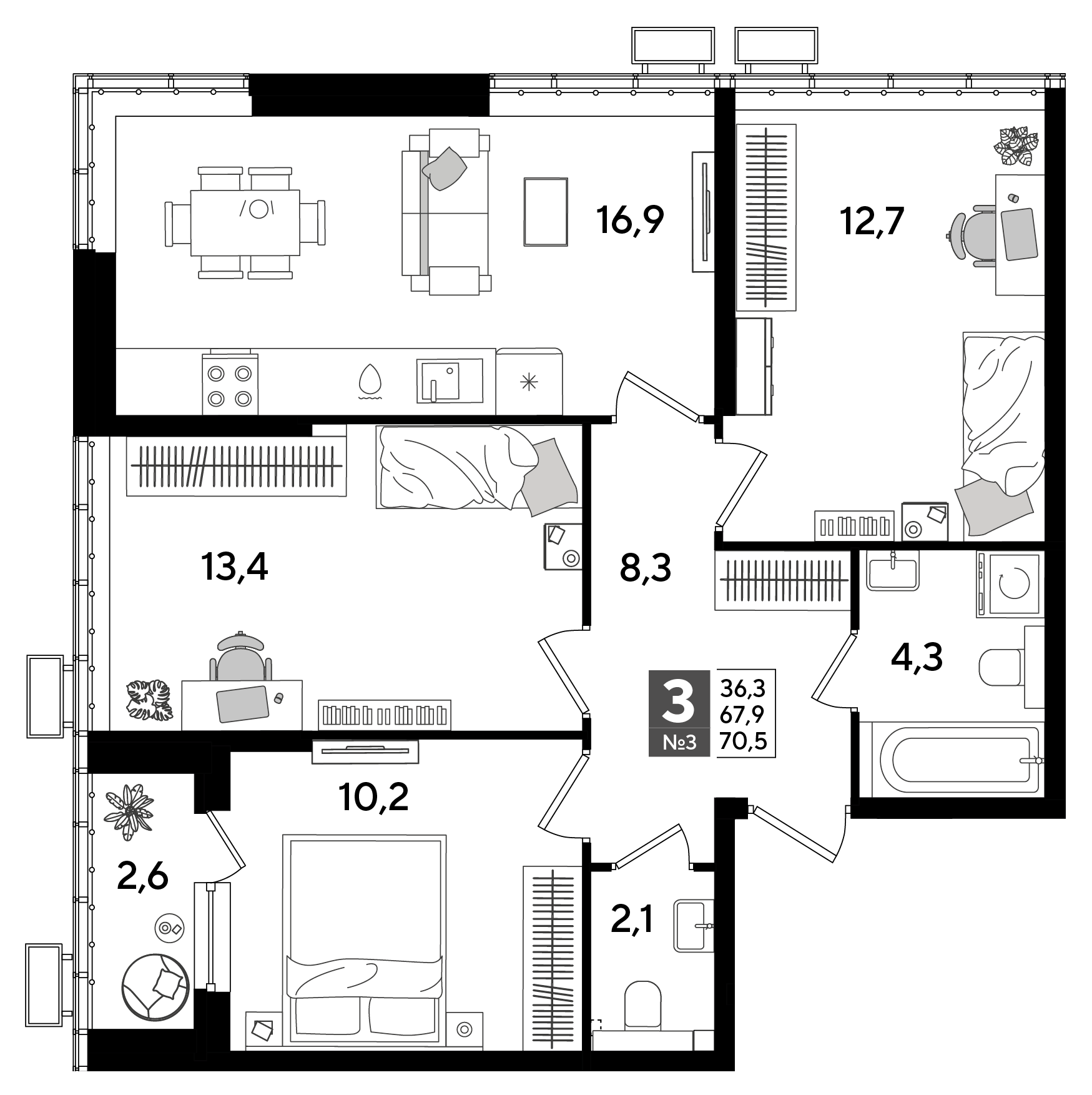 Планировка: 3-комн. квартира 70,5 м²