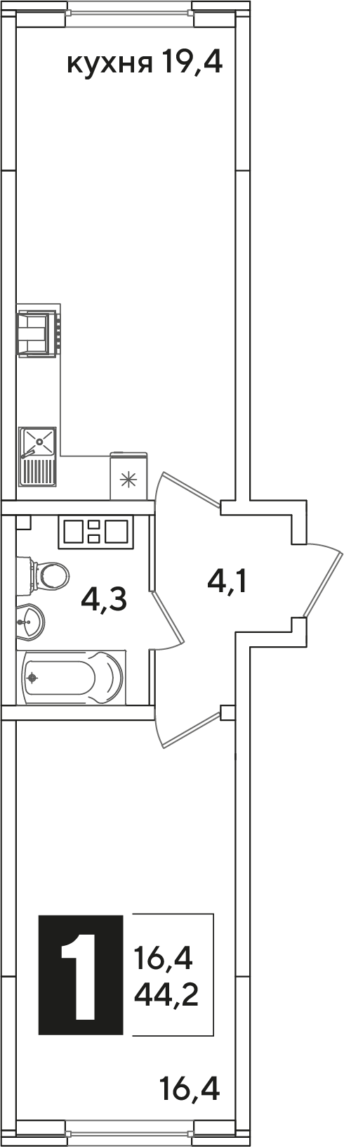 Планировка 1-комнатная 44,2 м²