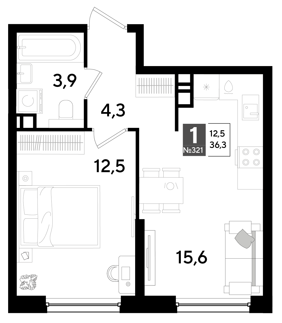 Планировка: 1-комн. квартира 36,3 м²