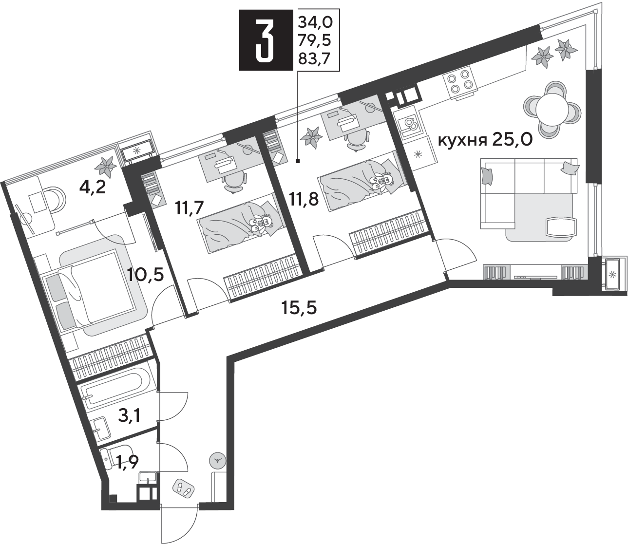 Планировка 3-комнатная 83,7 м²
