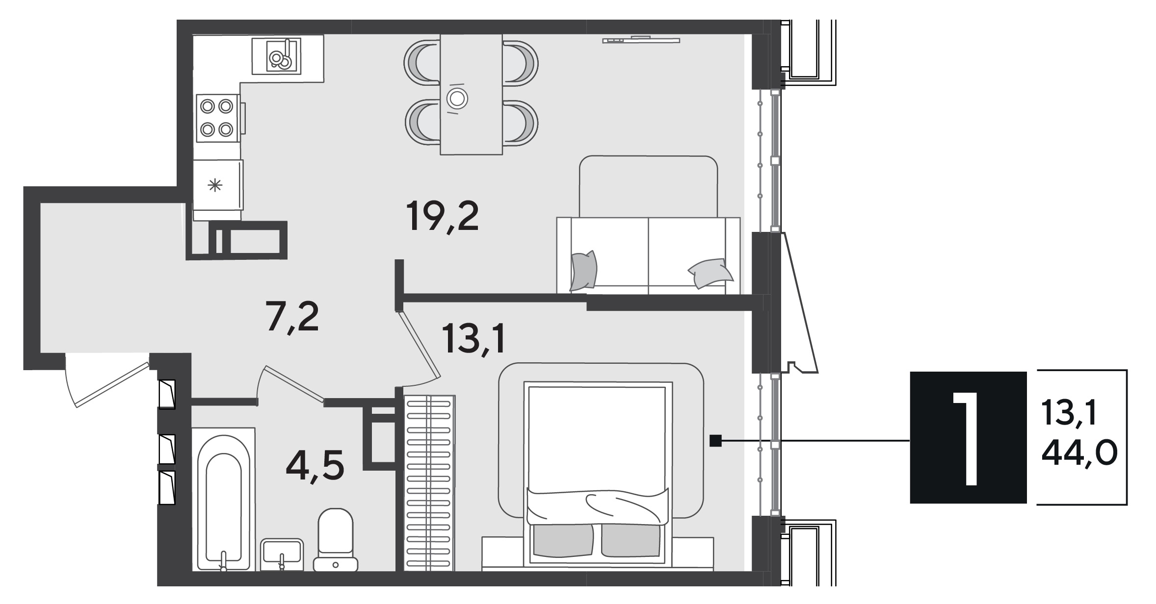Планировка: 1-комн. квартира 44,3 м²