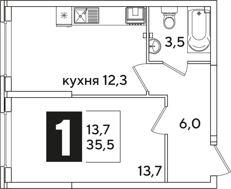 Планировка: 1-комн. квартира 35,5 м²