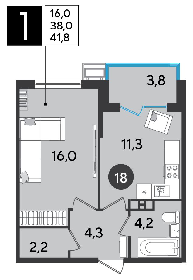 Планировка: 1-комн. квартира 41,8 м²