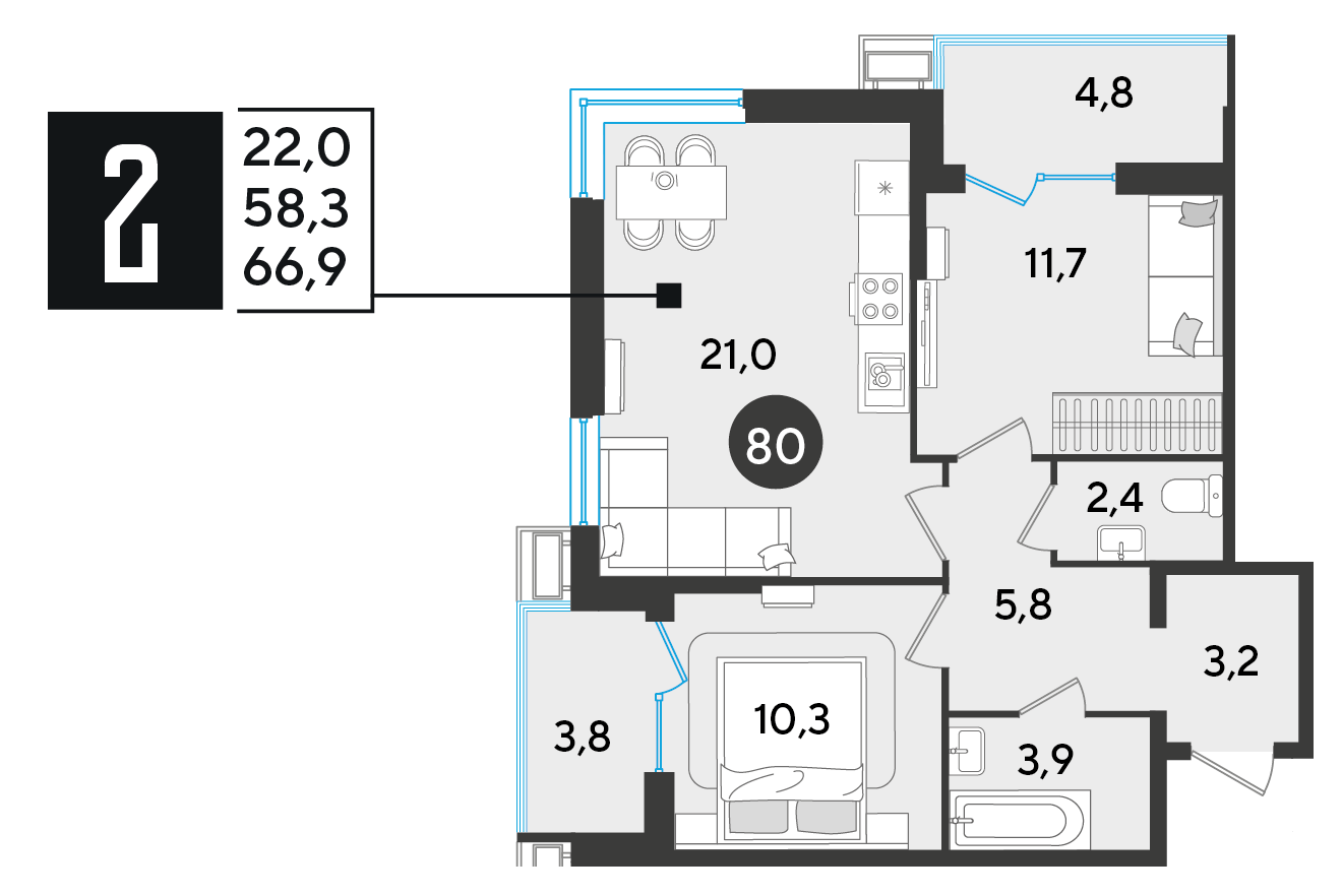 Планировка: 2-комн. квартира 66,9 м²