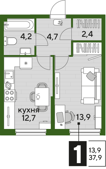 Планировка: 1-комн. квартира 37,9 м²