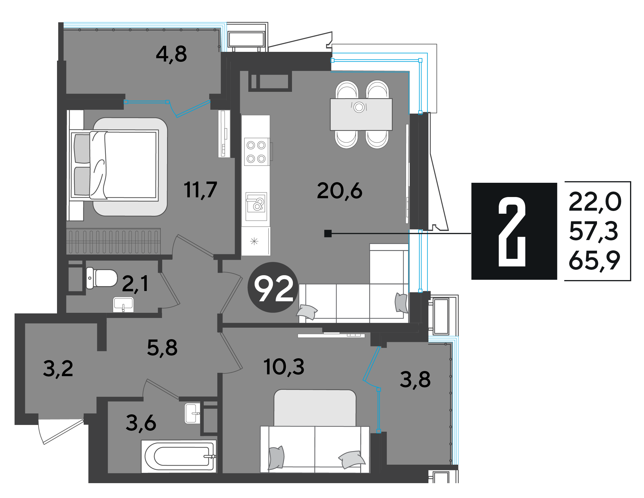 Планировка: 2-комн. квартира 66,2 м²