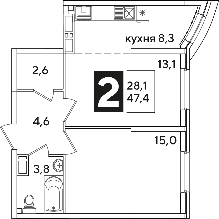 Планировка 2-комнатная 47,4 м²