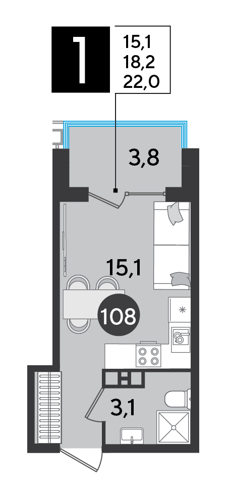Планировка: Студия 22 м²