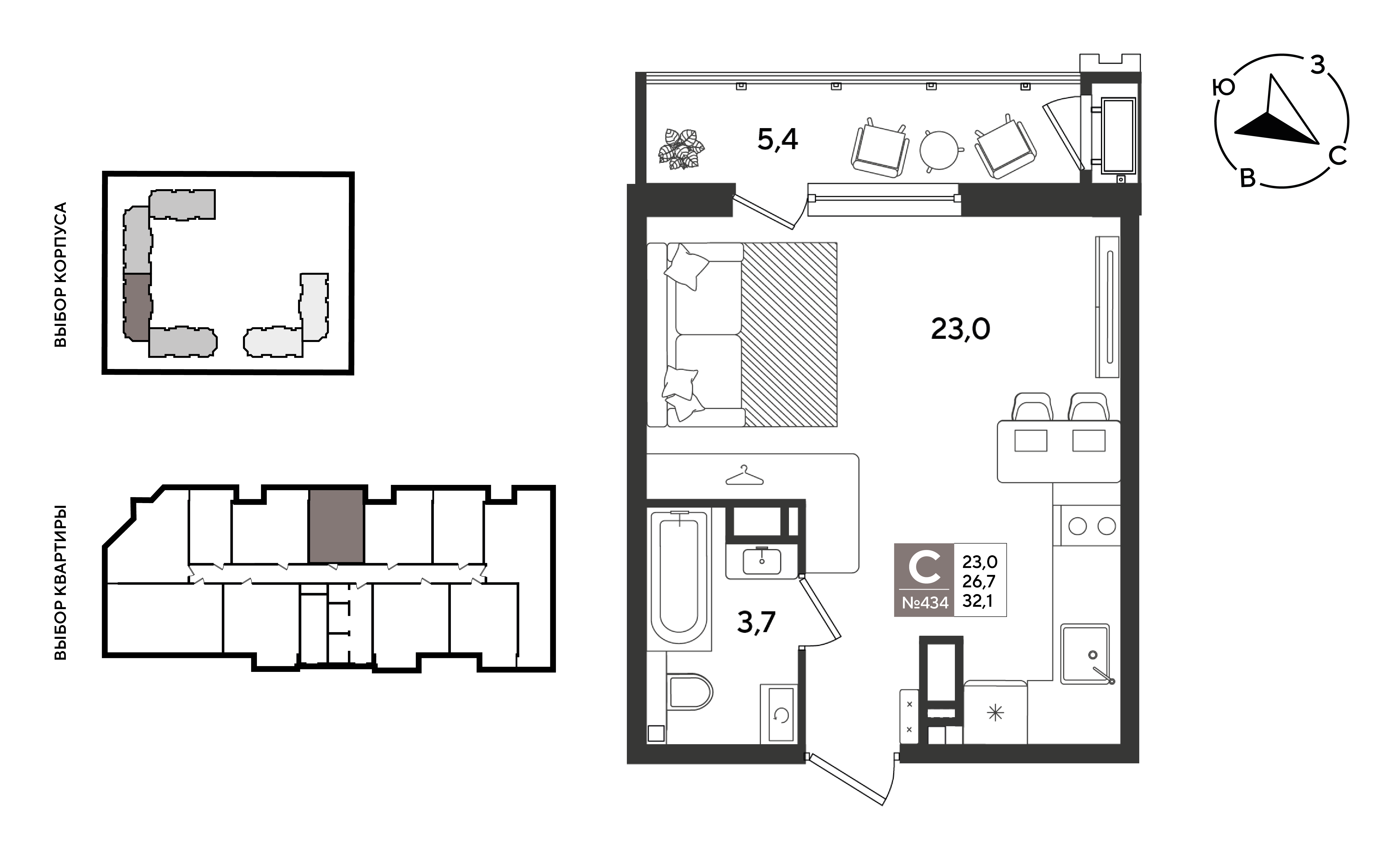 Планировка: Студия 32,1 м²