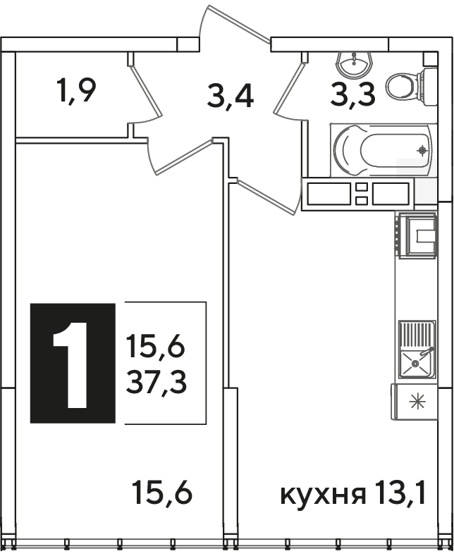 Планировка: 1-комн. квартира 37,3 м²