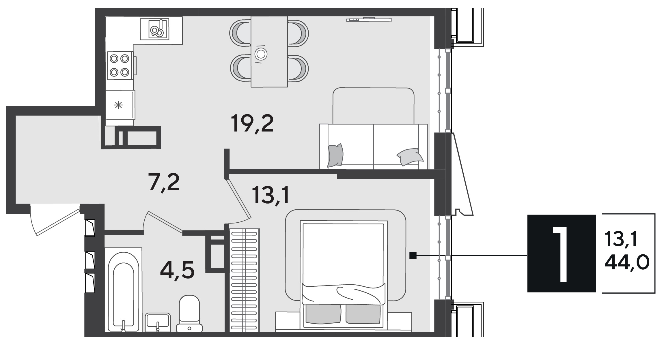 Планировка: 1-комн. квартира 44 м²