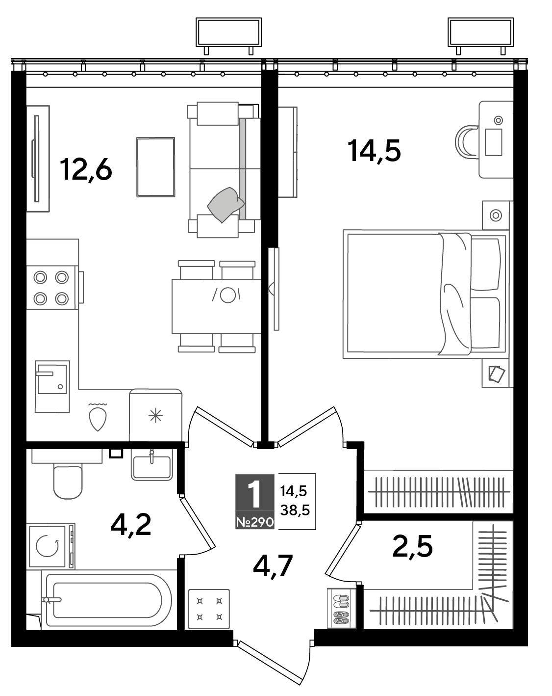 Планировка: 1-комн. квартира 38,5 м²