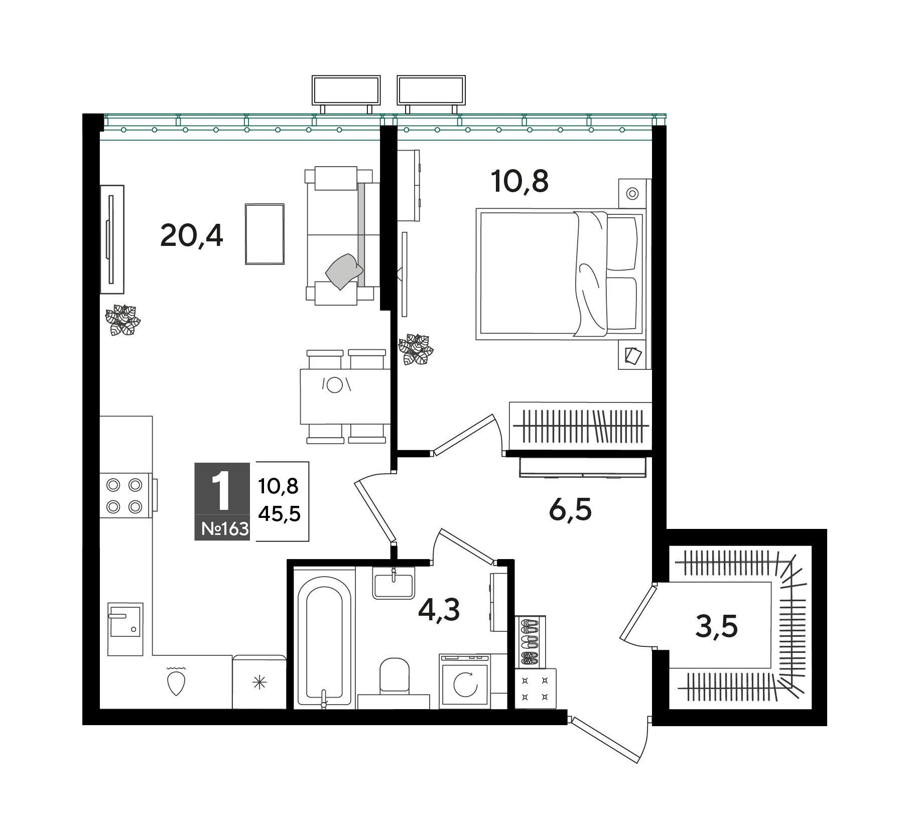 Планировка: 1-комн. квартира 45,5 м²