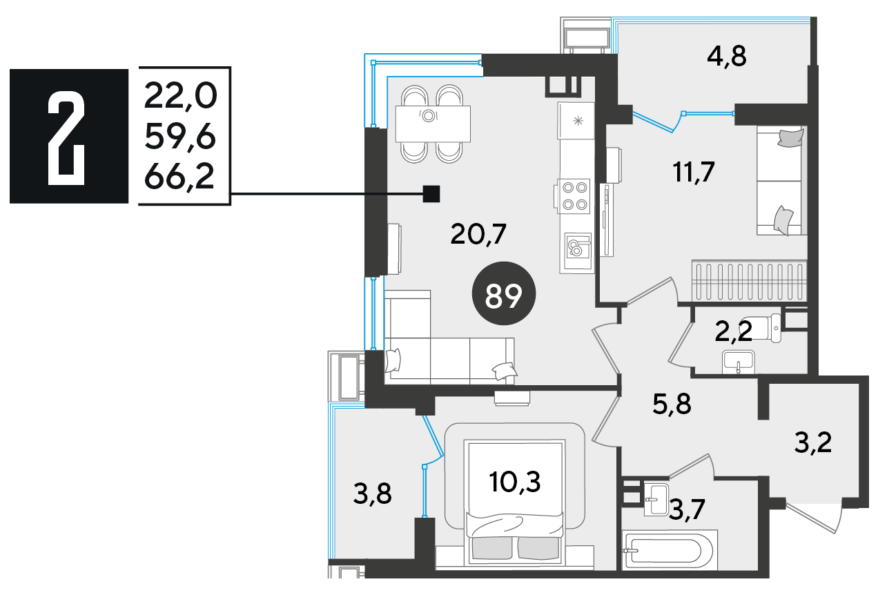 Планировка: 2-комн. квартира 66,2 м²