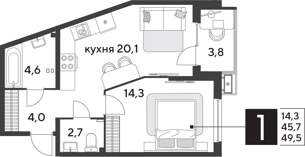 Планировка: 1-комн. квартира 50,3 м²