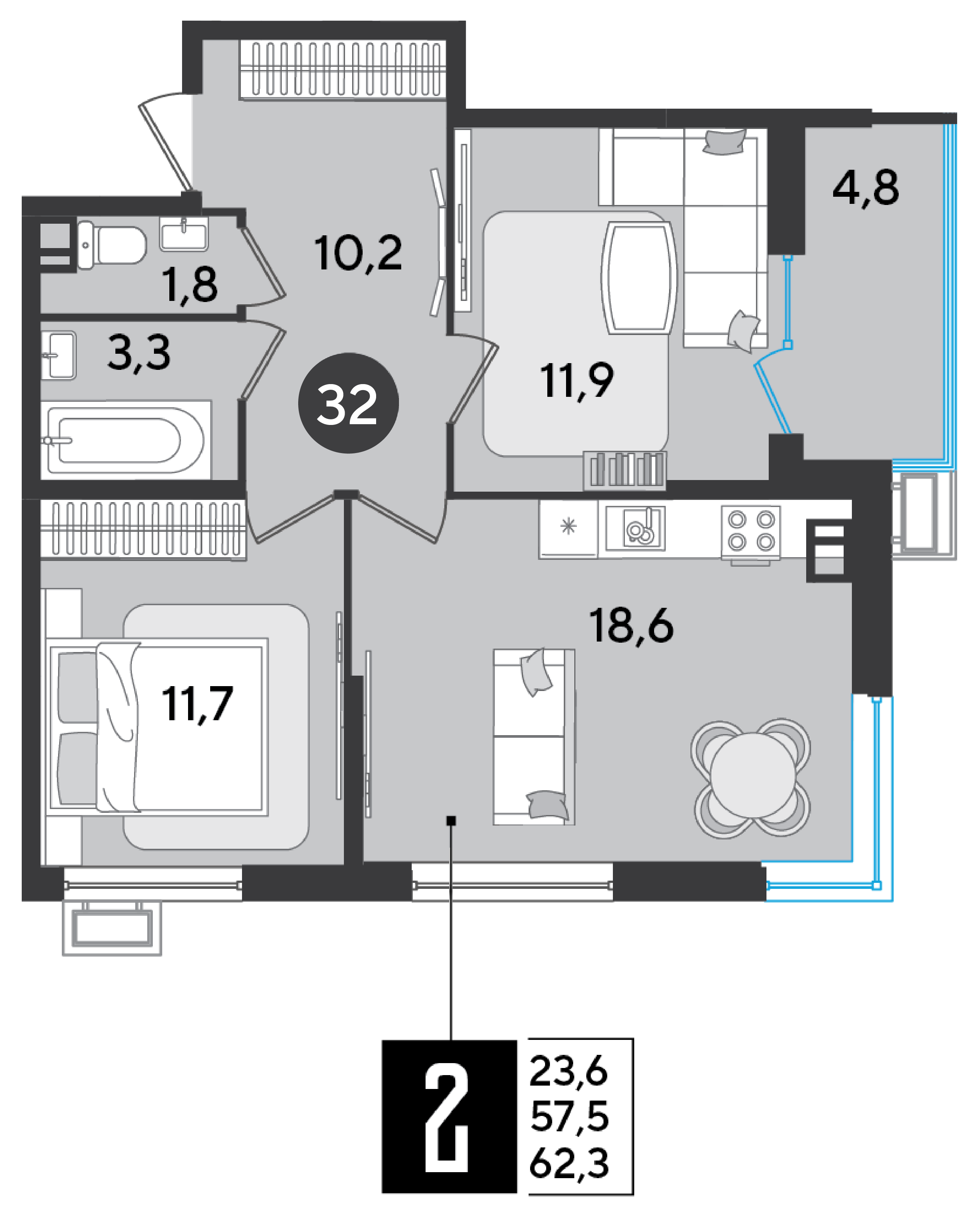 Планировка: 2-комн. квартира 62,3 м²
