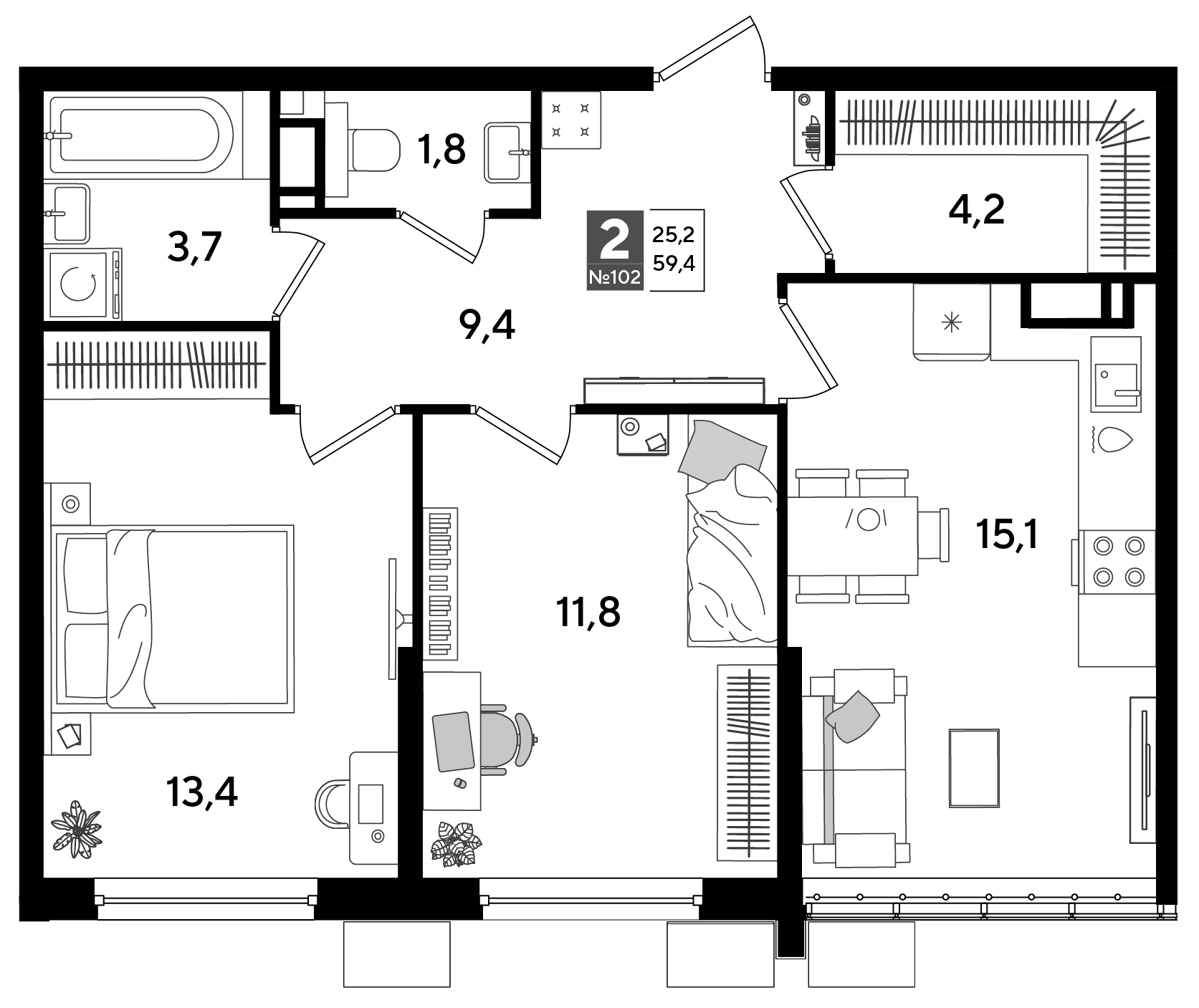 Планировка: 2-комн. квартира 59,4 м²