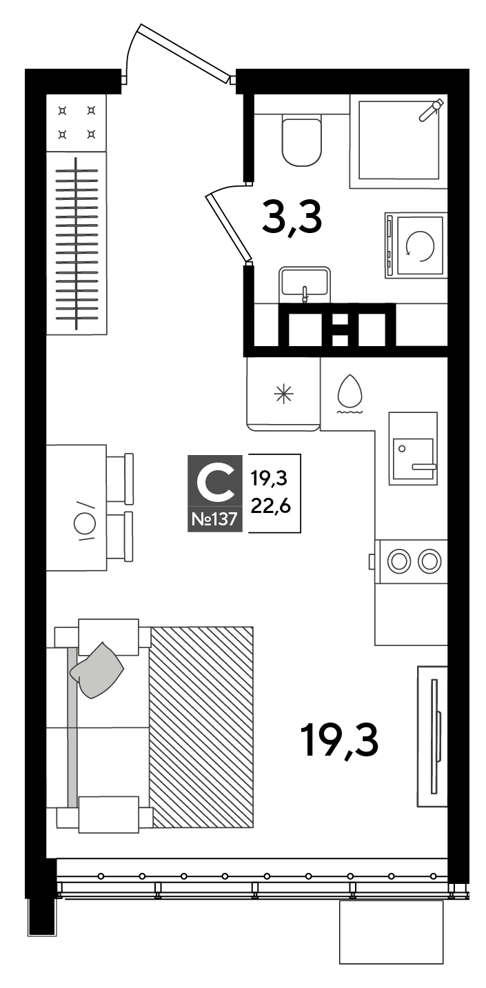 Планировка: Студия 22,6 м²
