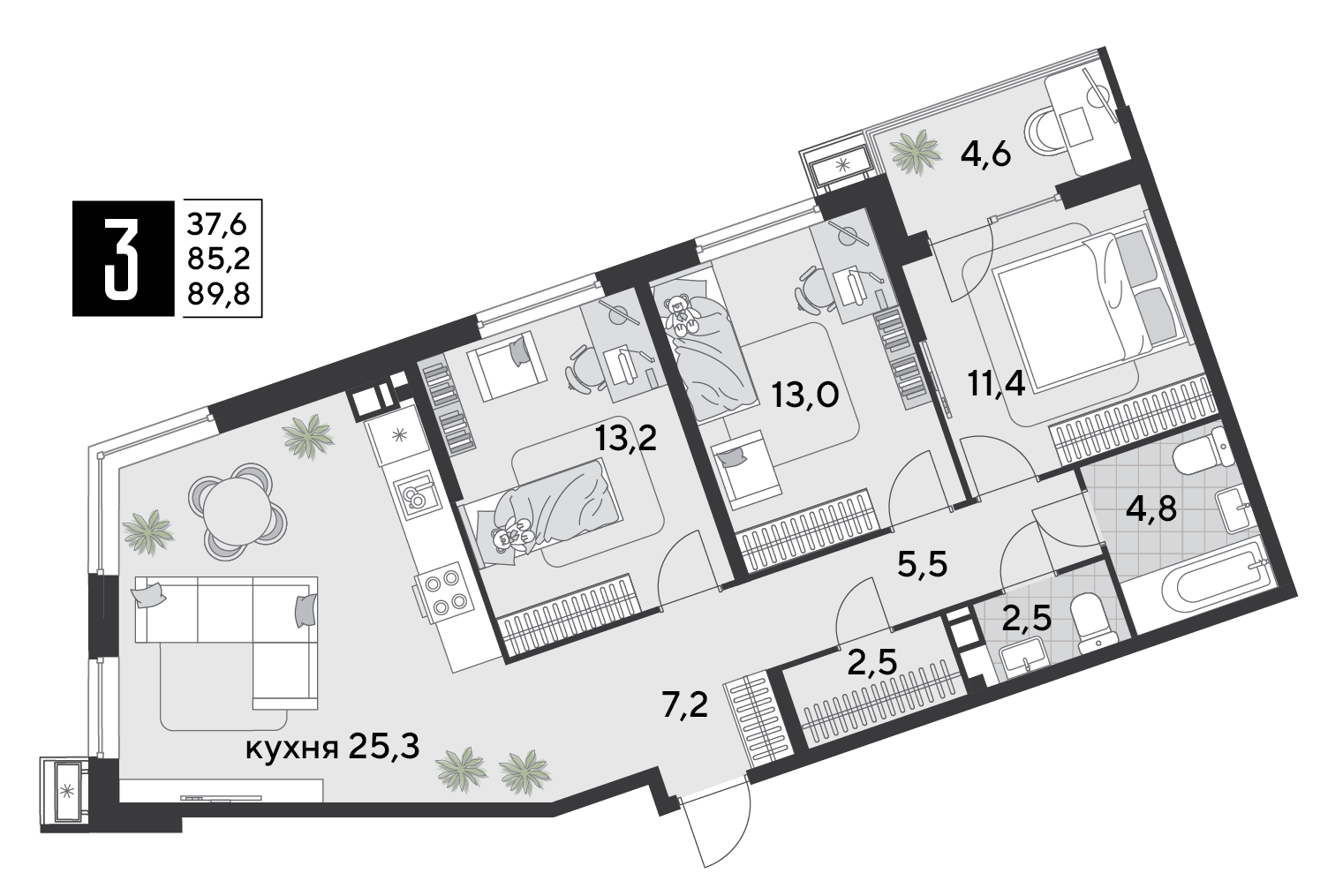 Планировка 3-комнатная 90,1 м²