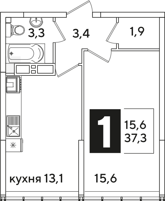 Планировка: 1-комн. квартира 37,3 м²