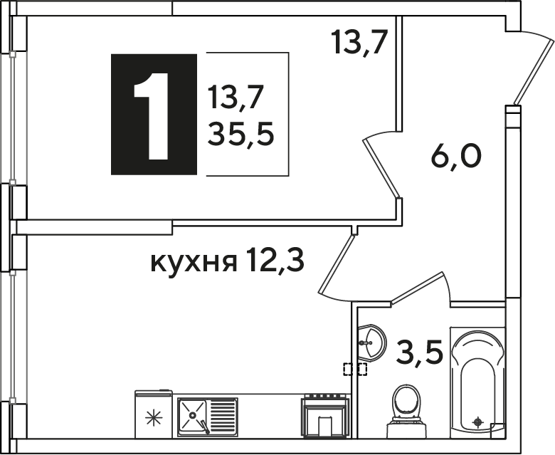 Планировка: 1-комн. квартира 35,5 м²