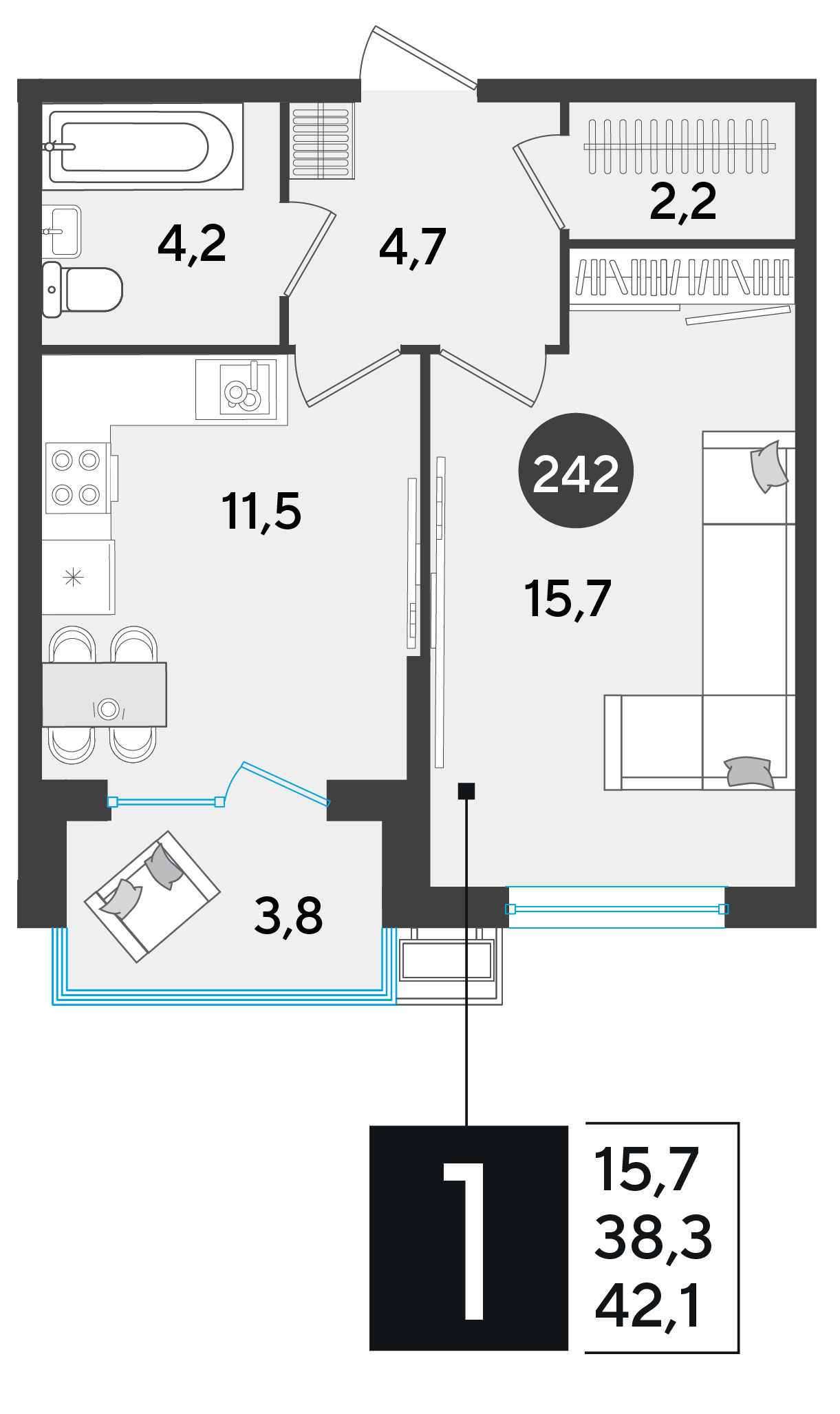 Планировка: 1-комн. квартира 42,1 м²