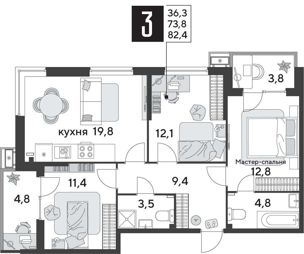 Планировка 3-комнатная 82,9 м²