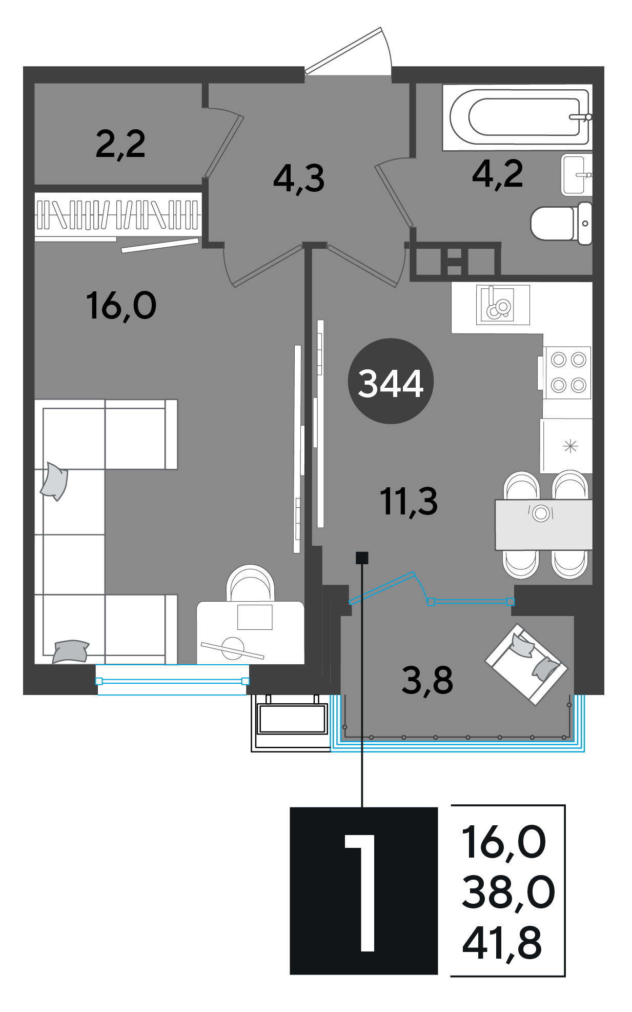 Планировка: 1-комн. квартира 41,8 м²