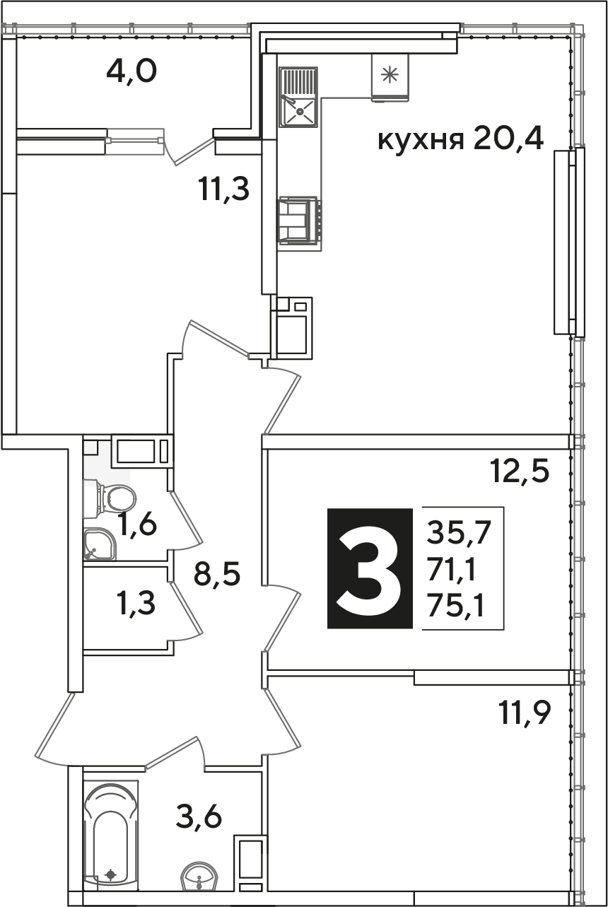 Планировка: 3-комн. квартира 75,1 м²
