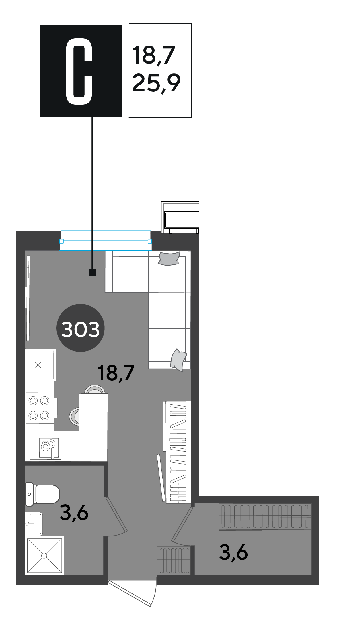 Планировка: Студия 25,9 м²