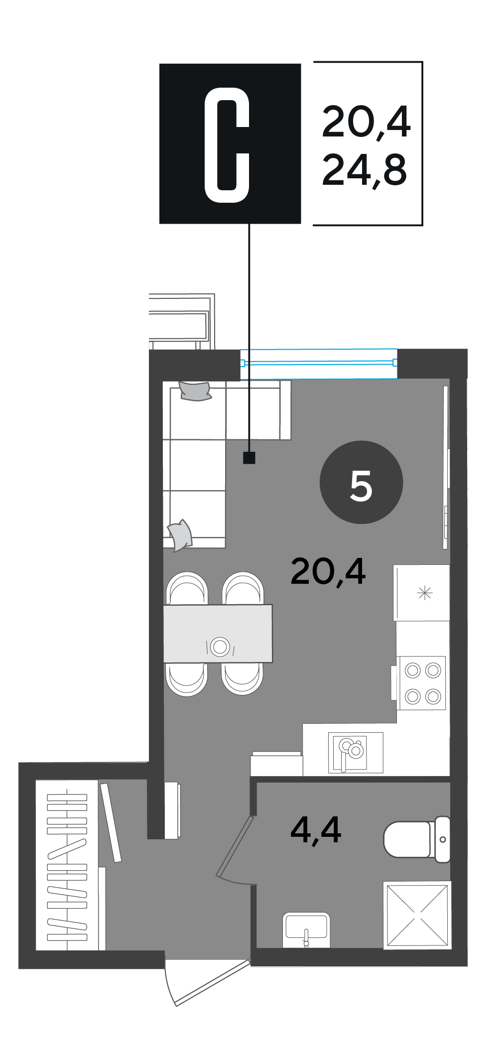 Планировка: Студия 24,8 м²