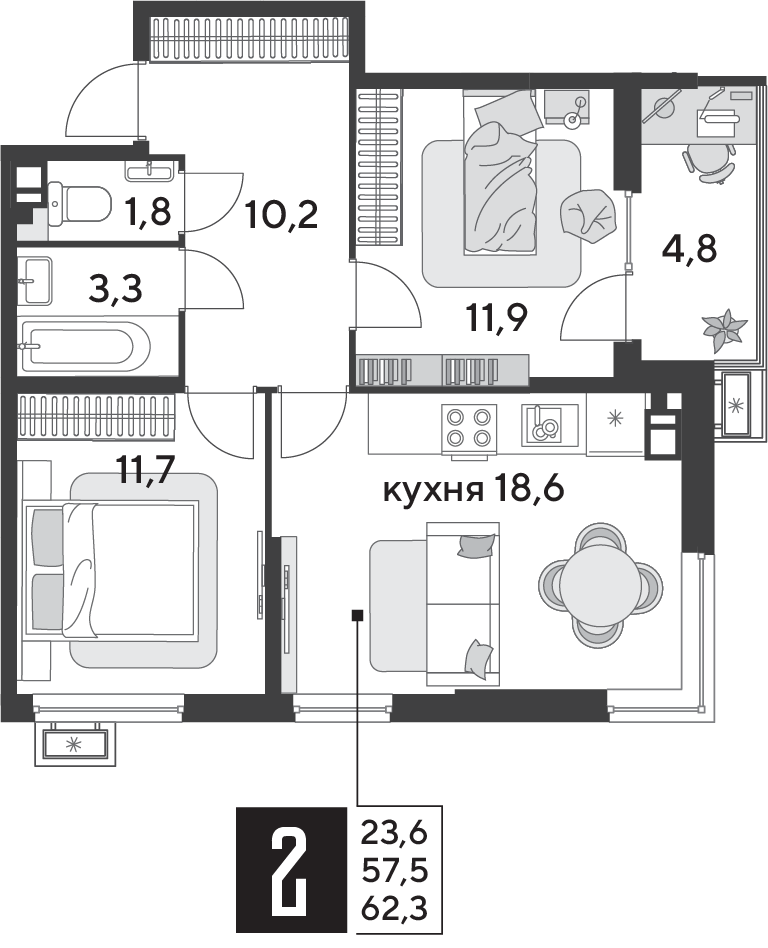 Планировка: 2-комн. квартира 62,3 м²